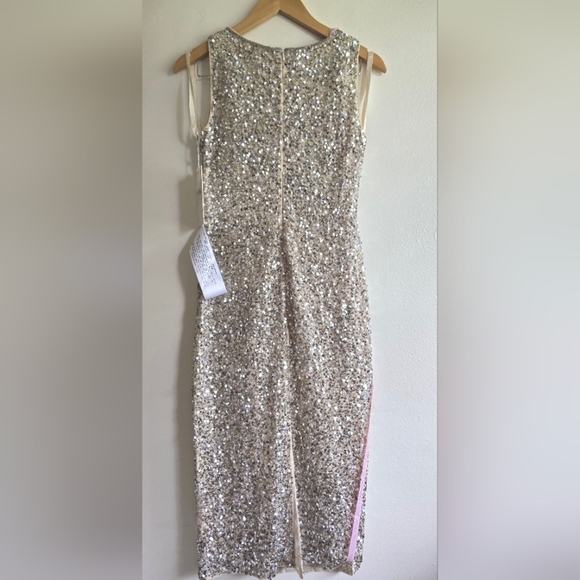 NWT! Mac Duggal, Sleeveless Sequined Midi Sheath Dress, Silver Nude, Size 2 - Picture 5 of 11